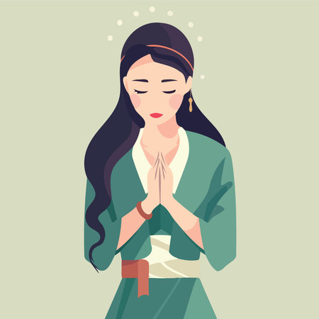 oriental woman with hands together to pray minimalistic vector illustrationのイラスト素材