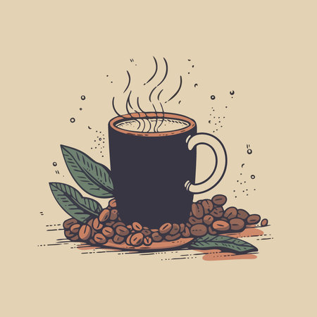 cup of coffee with coffee beans around minimalistic vector illustrationのイラスト素材