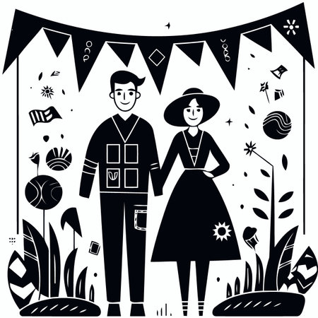 couple with pennants in the background brazilian cultural festivity day of sÃ£o joao festa junina minimalist vector illustrationのイラスト素材