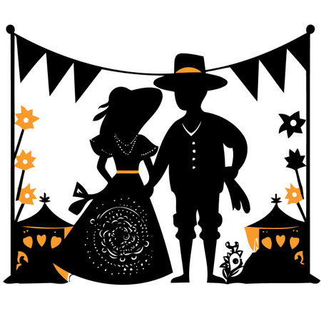 couple with pennants in the background brazilian cultural festivity day of sÃ£o joao festa junina minimalist vector illustrationのイラスト素材
