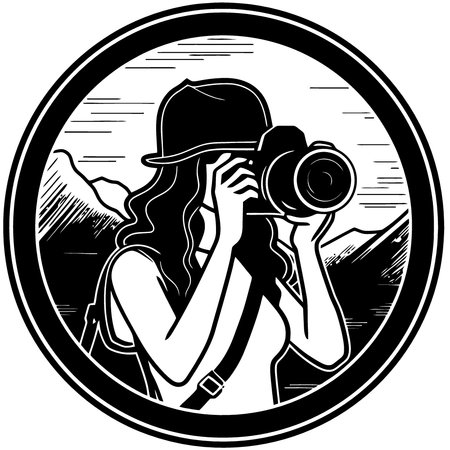 logo woman holding a photo camera minimalist vector illustrationのイラスト素材