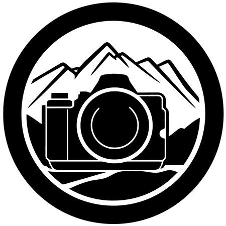 photo camera logo with mountain in the background minimalist vector illustrationのイラスト素材