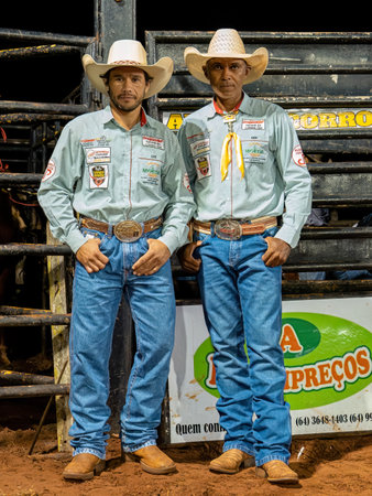 Itaja, Goias, Brazil - 04 22 2023: opening of a riding rodeo event in an arena at night