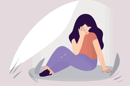 depressed woman sitting on the floor crying minimalist vector illustrationのイラスト素材