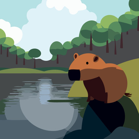 capybara in water natural scenery minimalistic vector illustrationのイラスト素材