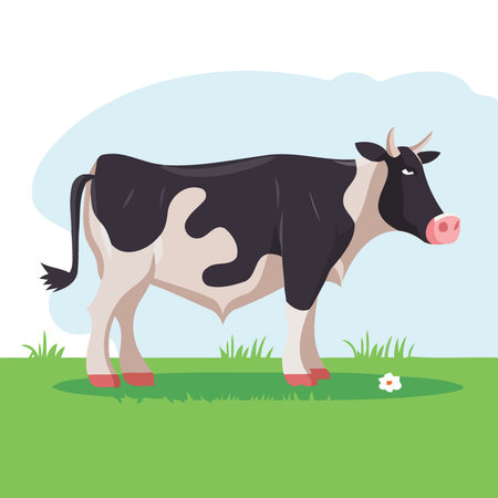 animal mammal cow in a grass field minimalist vector illustrationのイラスト素材