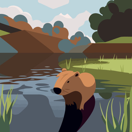 capybara in water natural scenery minimalistic vector illustrationのイラスト素材