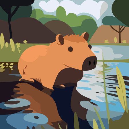 capybara in water natural scenery minimalistic vector illustrationのイラスト素材