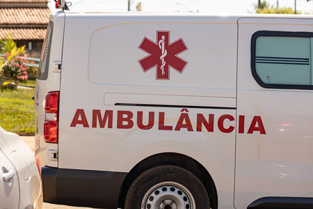 Apore, Goias, Brazil - 05 07 2023: small white vehicle of emergency hospital ambulanceのeditorial素材