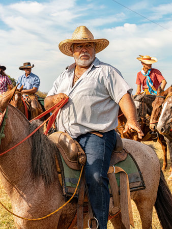 Apore, Goias, Brazil - 05 07 2023: Horseback riding event open to the public on public roads in the Brazilian city of Aporeのeditorial素材