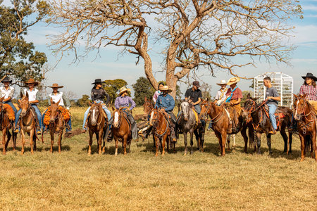 Apore, Goias, Brazil - 05 07 2023: Horseback riding event open to the public on public roads in the Brazilian city of Aporeのeditorial素材
