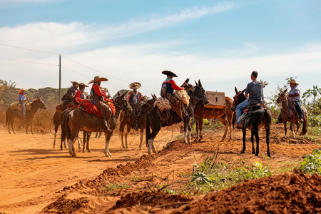 Apore, Goias, Brazil - 05 07 2023: Horseback riding event open to the public on public roads in the...