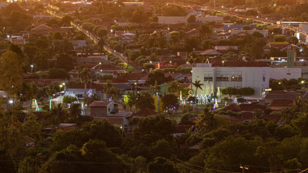 Itaja, Goias, Brazil - 12 21 2022: Small town in the interior of the state of Goias in the center west of Brazil called Itaja in closeup at sunset being visible the square with Christmas decorationのeditorial素材