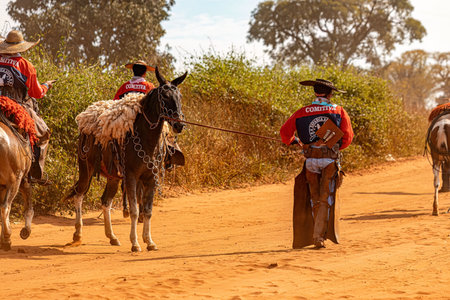 Apore, Goias, Brazil - 05 07 2023: Horseback riding event open to the public on public roads in the Brazilian city of Aporeのeditorial素材
