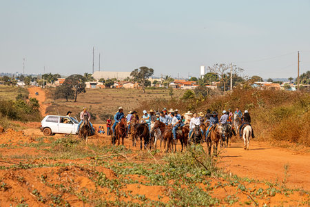 Apore, Goias, Brazil - 05 07 2023: Horseback riding event open to the public on public roads in the Brazilian city of Aporeのeditorial素材