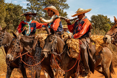 Apore, Goias, Brazil - 05 07 2023: Horseback riding event open to the public on public roads in the...