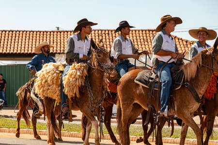 Apore, Goias, Brazil - 05 07 2023: Horseback riding event open to the public on public roads in the Brazilian city of Aporeのeditorial素材