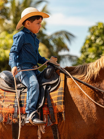 Apore, Goias, Brazil - 05 07 2023: Horseback riding event open to the public on public roads in the Brazilian city of Aporeのeditorial素材