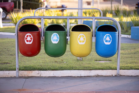close up of colorful bins for selective garbage collection for recyclingの写真素材