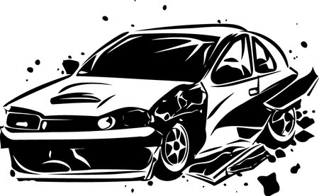 crashed car accident black and white minimalistic vector illustrationのイラスト素材