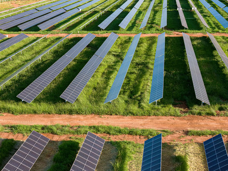aerial image of solar energy plant in rural area