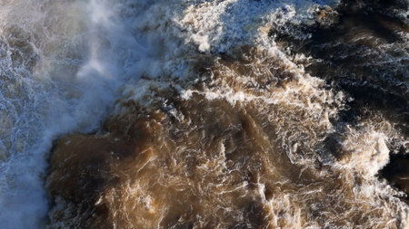 aerial image of waterfall in river in top viewの写真素材