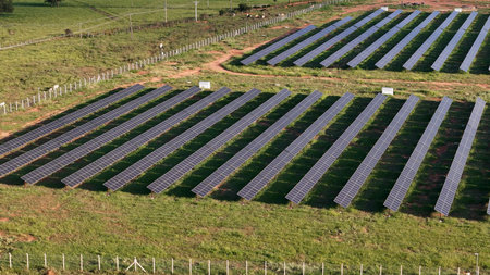 aerial image of solar energy plant in rural area
