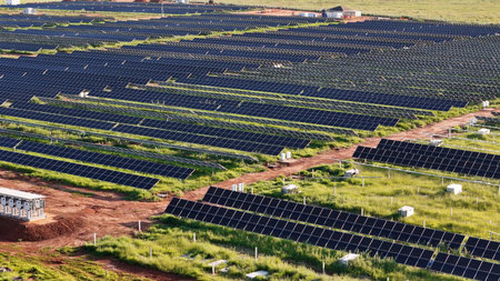 aerial image of solar energy plant in rural area