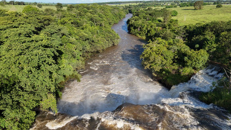 Cassilandia, Mato Grosso do Sul, Brazil - 04 18 2024: aerial image of the Salto Do Rio Apore tourist spot in cassilandiaのeditorial素材