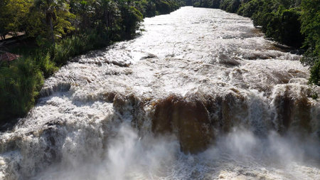 Cassilandia, Mato Grosso do Sul, Brazil - 04 18 2024: aerial image of the Salto Do Rio Apore tourist spot in cassilandia waterfallのeditorial素材