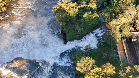 Cassilandia, Mato Grosso do Sul, Brazil - 04 20 2024: aerial image of the Salto Do Rio Apore tourist spot in cassilandiaのeditorial素材