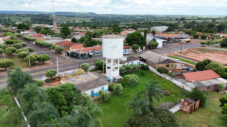 Itaja, Goias, Brazil - 04 13 2024: aerial image of saneago water tank and water supply department of itaja goiasのeditorial素材