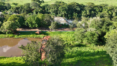 Cassilandia, Mato Grosso do Sul, Brazil - 04 18 2024: aerial image of the Salto Do Rio Apore tourist spot in cassilandia waterfallのeditorial素材