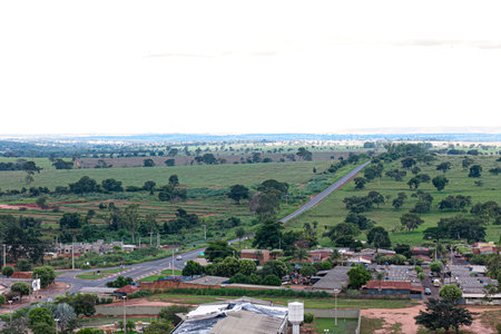 Itaja, Goias, Brazil - 04 13 2024: Close-up aerial image of the GO-178 highway leaving the city of Itaja Goiasのeditorial素材