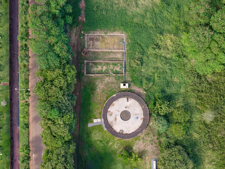 Cassilandia, Mato Grosso do Sul, Brazil - 04 16 2024: Aerial image of a sewage treatment site at the exit of Cassilandia next to the tax station and Corrego Cedroのeditorial素材