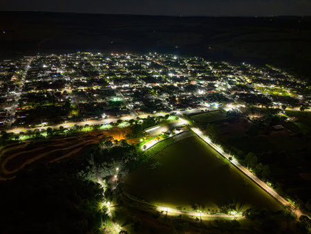 Itaja, Goias, Brazil - 04 20 2024: Aerial image of the itaja municipal natural lake at nightのeditorial素材