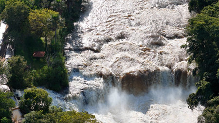 Cassilandia, Mato Grosso do Sul, Brazil - 04 18 2024: aerial image of the Salto Do Rio Apore tourist spot in cassilandia waterfallのeditorial素材