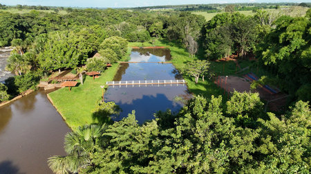 Cassilandia, Mato Grosso do Sul, Brazil - 04 18 2024: aerial image of the Salto Do Rio Apore tourist spot in cassilandiaのeditorial素材