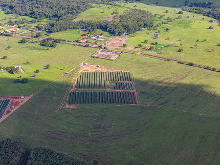 Cassilandia, Mato Grosso do Sul, Brazil - 04 18 2024: aerial image of solar energy plant in rural areaのeditorial素材