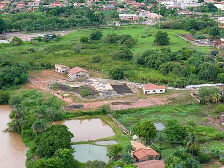 Cassilandia, Mato Grosso do Sul, Brazil - 04 12 2024: Aerial image of the cassilandia municipal bathhouse under construction, state of abandonmentのeditorial素材