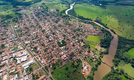 Cassilandia, Mato Grosso do Sul, Brazil - 04 16 2024: Aerial image of the Cassilandia a Small Brazilian City in Panoramaのeditorial素材