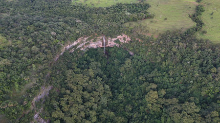 Drone aerial view of a forested canyon landscape with a waterfall hidden inside dense vegetation,...