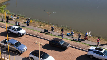 Lagoa Santa, Goias, Brazil - 07 05 2024. Drone aerial view showing anglers during a fishing...
