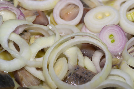 prepared gourmet fish food onion vegetable mealの写真素材