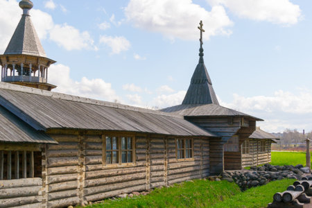 wooden Church with a lot of crosses and Kupalov woodの写真素材
