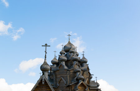 wooden Church with a lot of crosses and Kupalov woodの写真素材