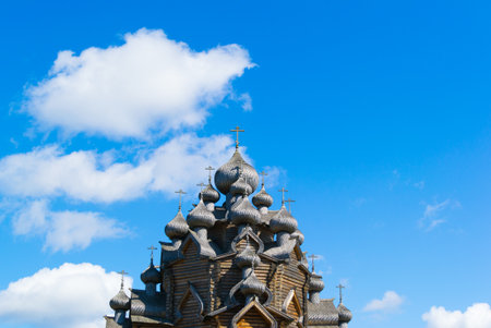 wooden Church with a lot of crosses and Kupalov woodの写真素材