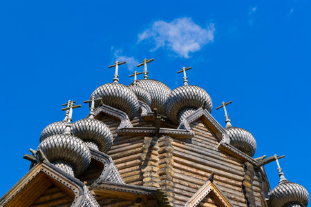 wooden Church with a lot of crosses and Kupalov woodの写真素材
