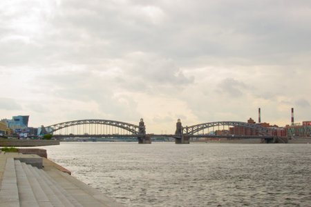 the bridge of Peter the great in St. Petersburg on the embankmentの写真素材