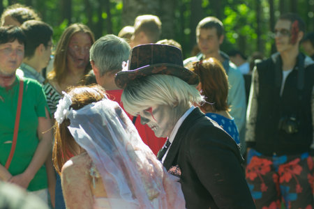 Saint Petersburg, Russia - August 15, 2015: people dressed as zombies parade on the street while walking in St. Petersburg zombie, the zombie walk is part of the event a flash mob.のeditorial素材